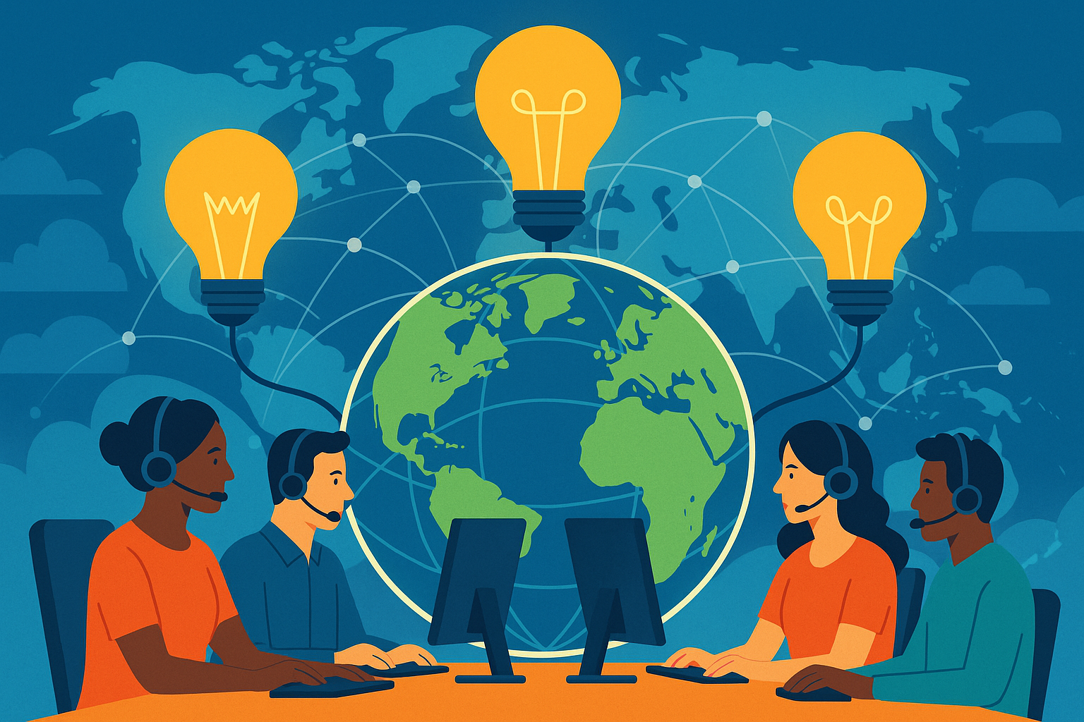 A diverse group of global call center agents collaborating online, with glowing light bulbs and a digital Earth representing innovation, technology, and empathy in customer experience.