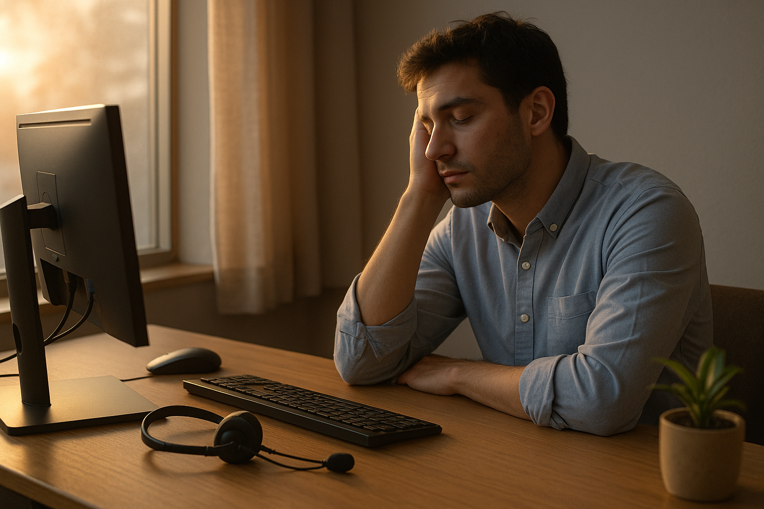 A weary call center agent sitting at a desk, headset off, soft light falling through the window — a quiet moment of reflection and hope.
